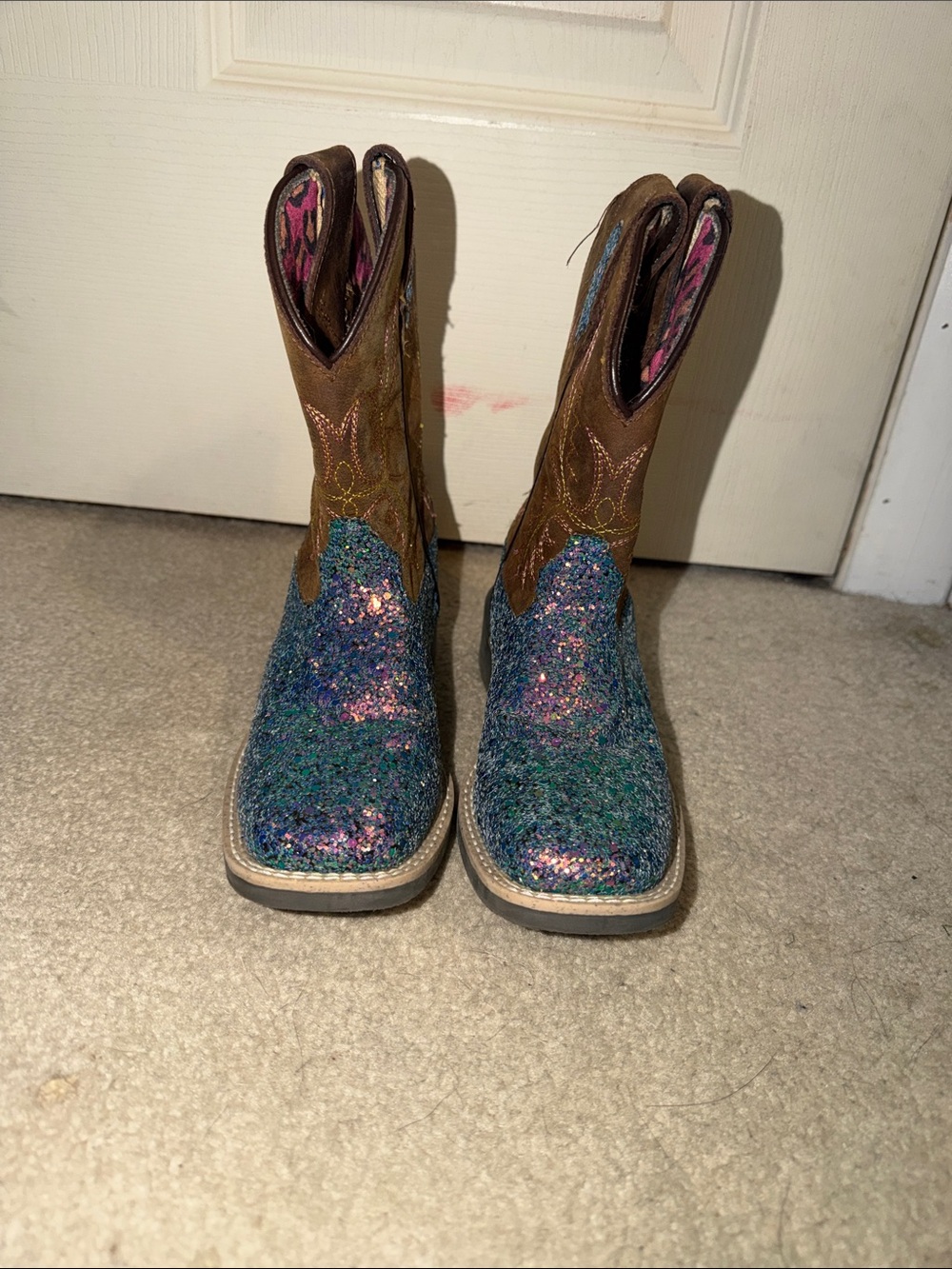 Girls Shayne Glitter Cowgirl Boots - Brown & Iridescent Teal